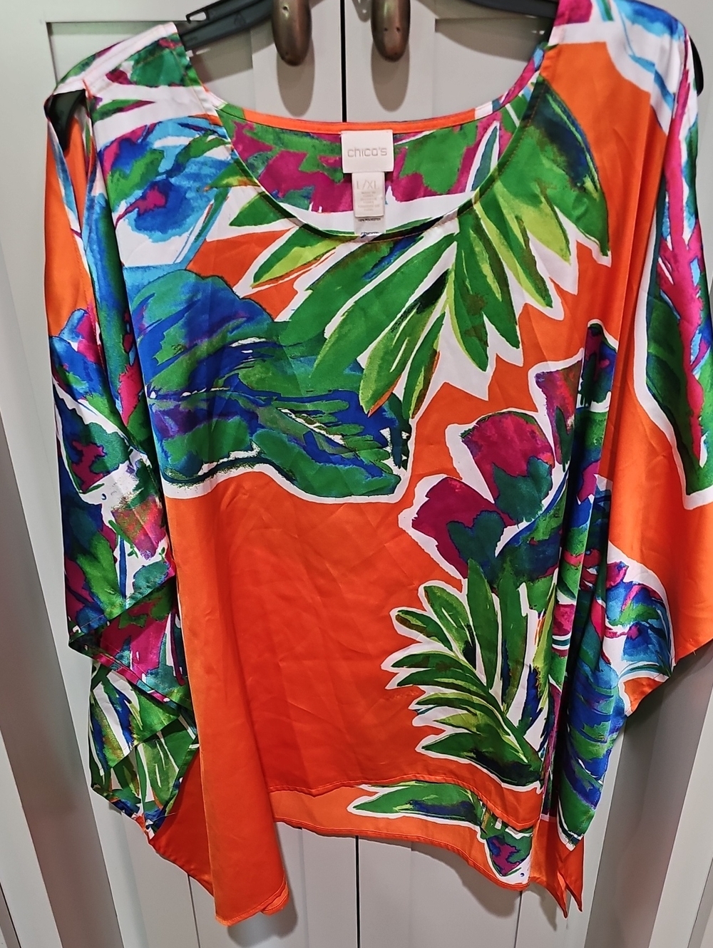 Chico's Orange Tropical Leaf & Floral Print Kraftan Poncho - Picture 2 of 5